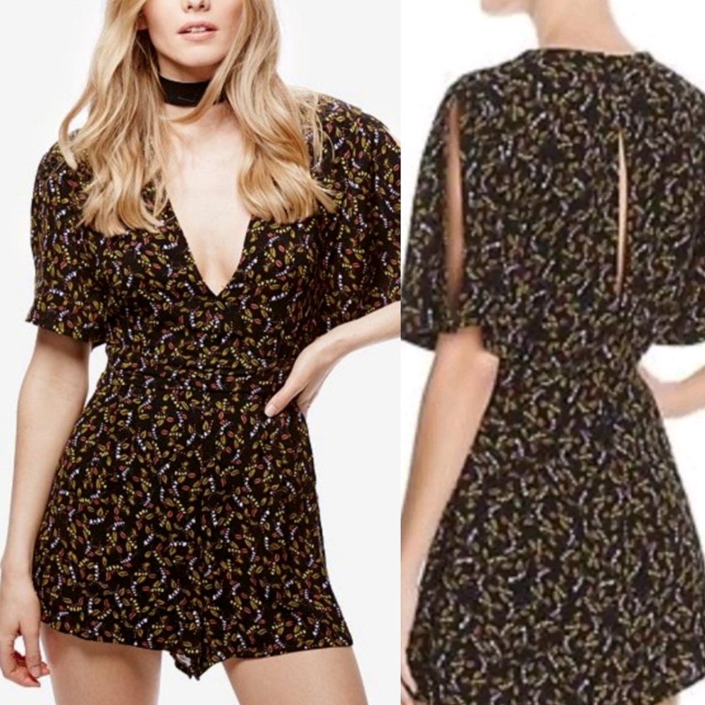 Free People Meet Virginia Black Printed Romper Size 4 Retail $128.00